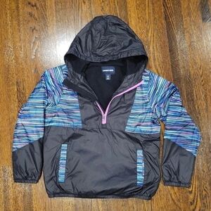 Lands' End Girls Black and Blue Patterned Hooded Jacket Windbreaker